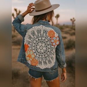 Boho Floral Lace Upcycled Jean Jacket Size L Crochet Applique